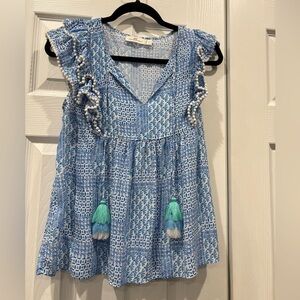 Vineyard Vines Blue White Printed Ruffle Tassel Blouse